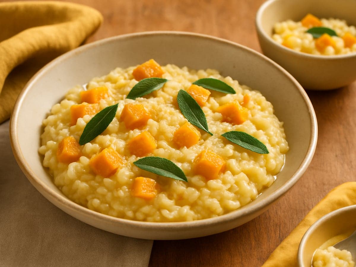 Risotto met pompoen en salie in een kom