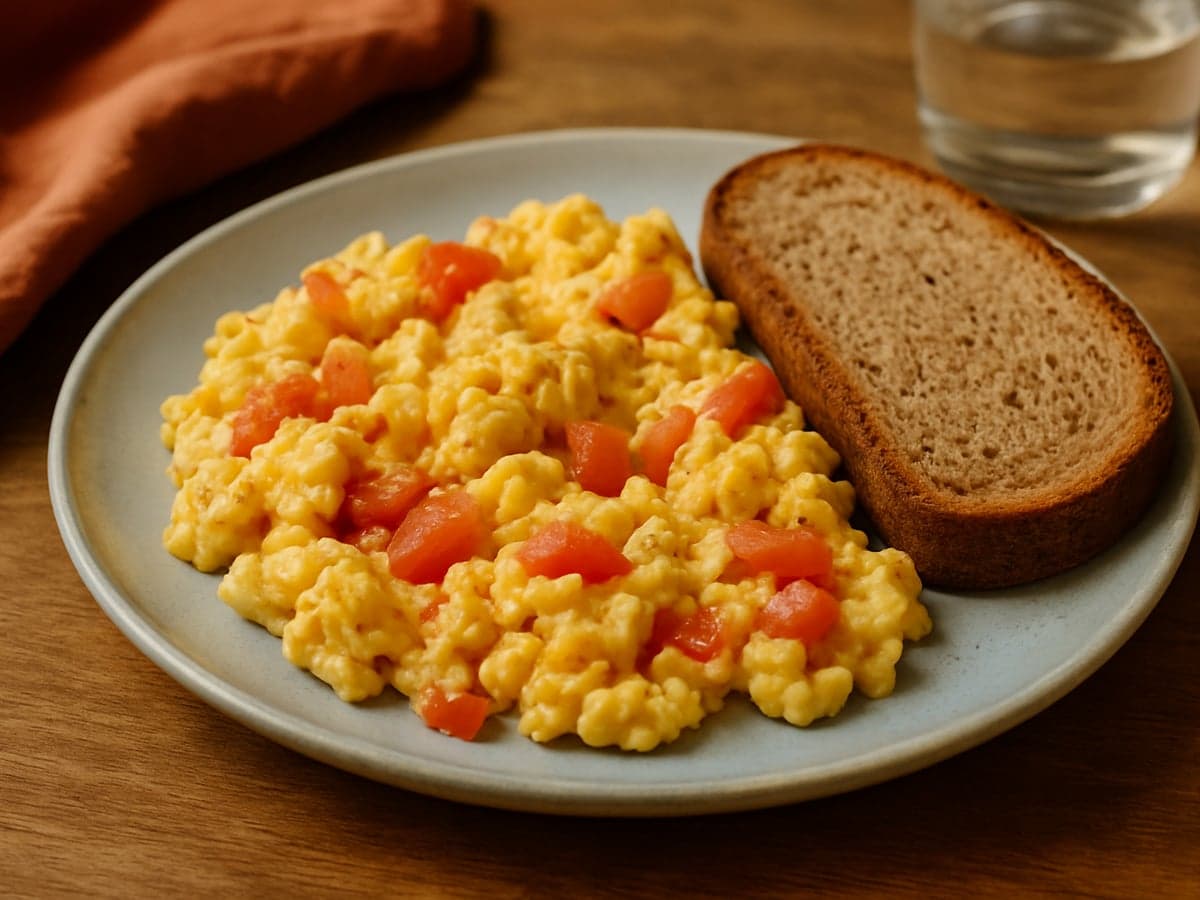 Roerei met stukjes tomaat en volkorenbrood op een bord
