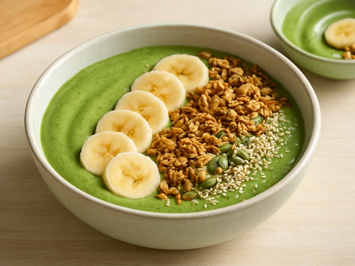 Groene smoothiebowl met banaanplakjes en toppings