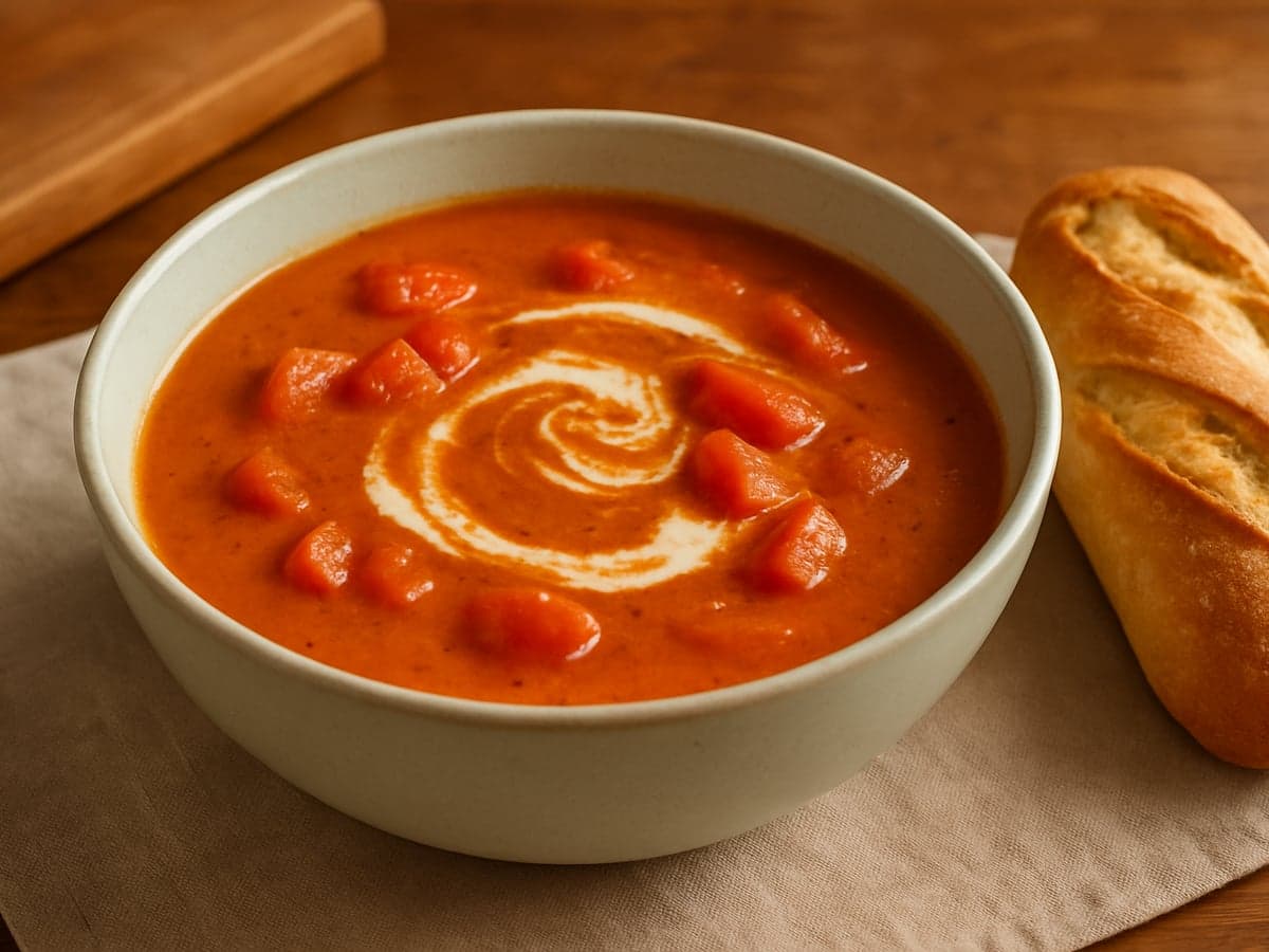 Kom romige tomatensoep met een broodje ernaast