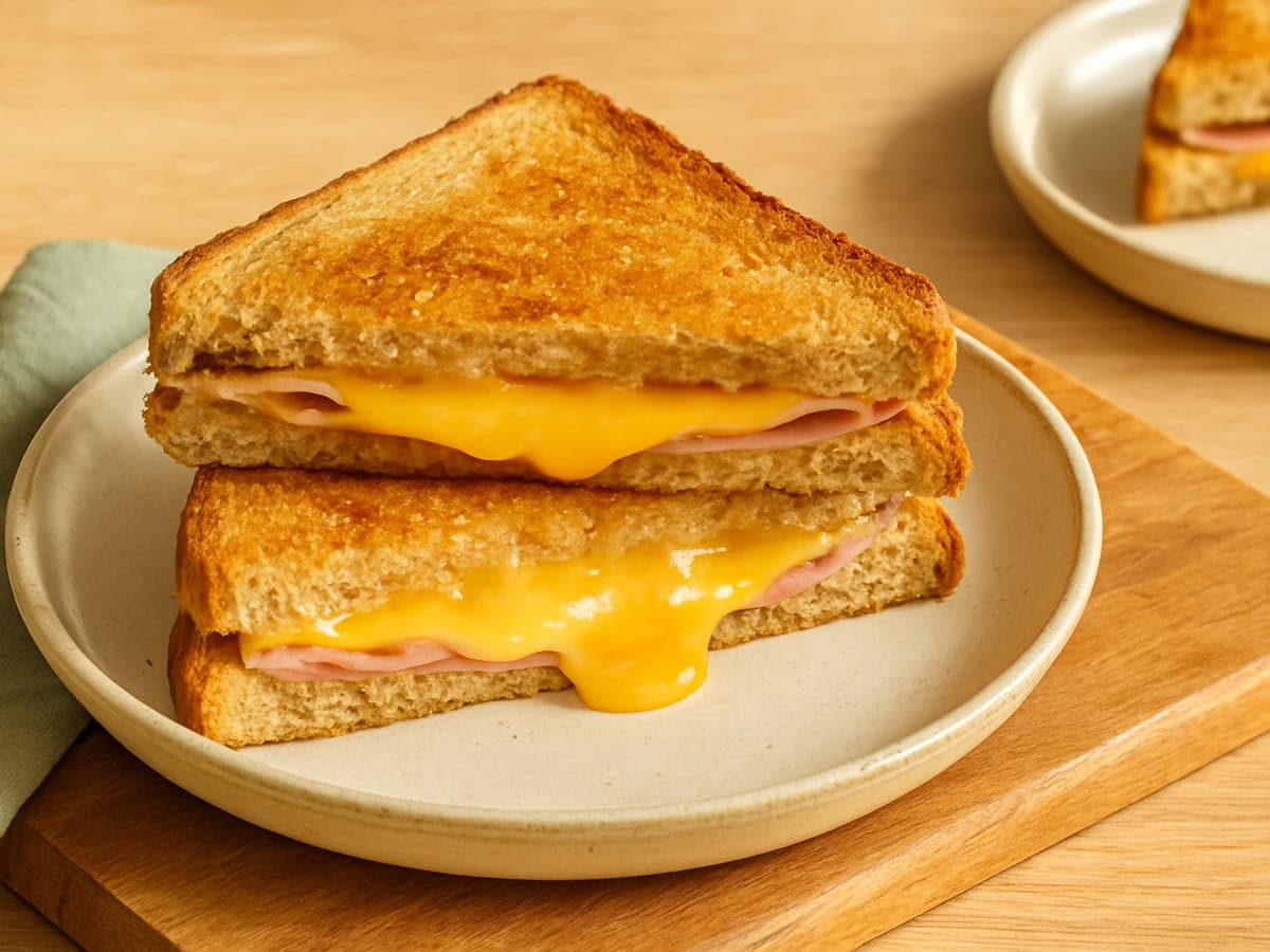 Doorgesneden tosti met gesmolten kaas en ham