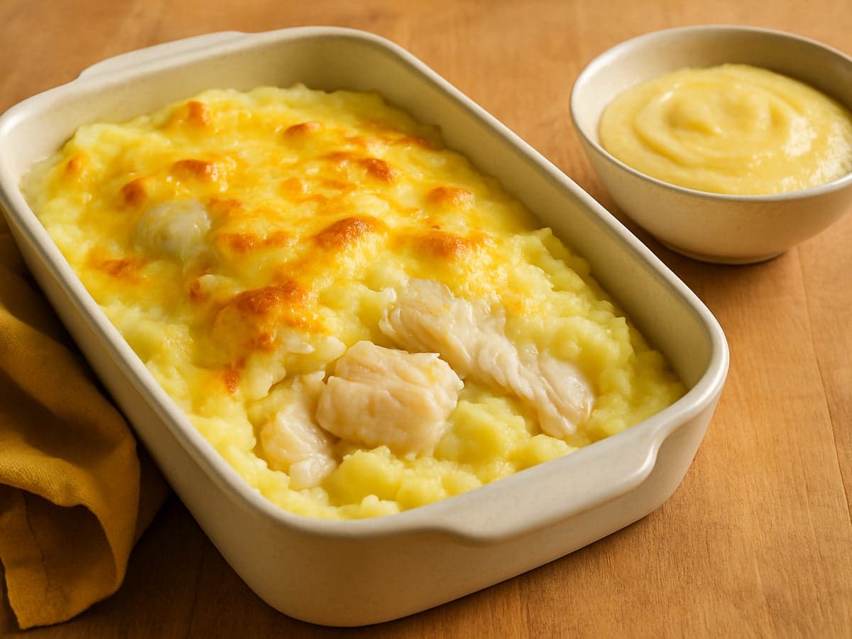 Visschotel met aardappelpuree in een ovenschaal met apart bakje babyprakje