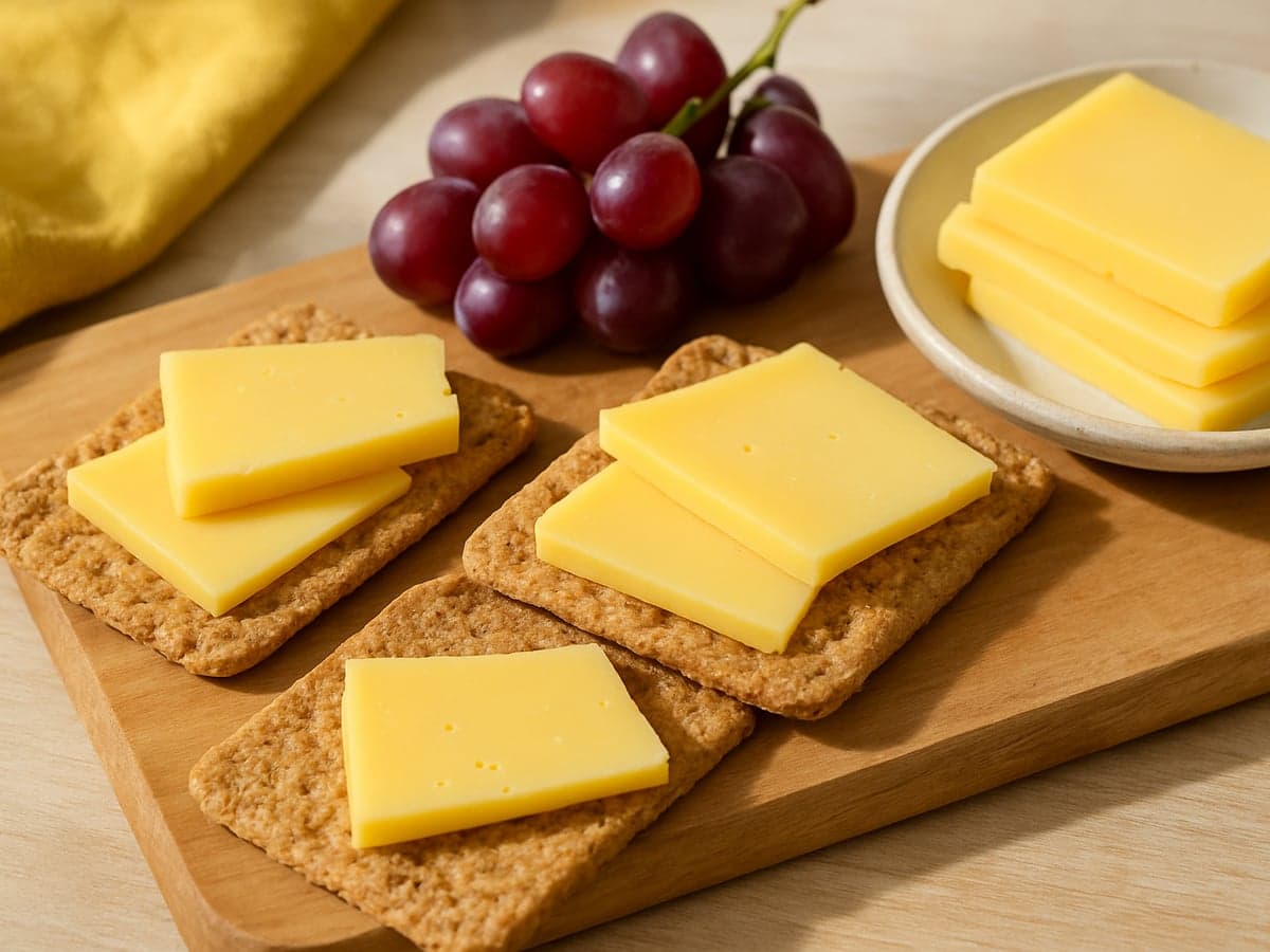 Volkoren crackers met plakjes kaas en druiven op een plank