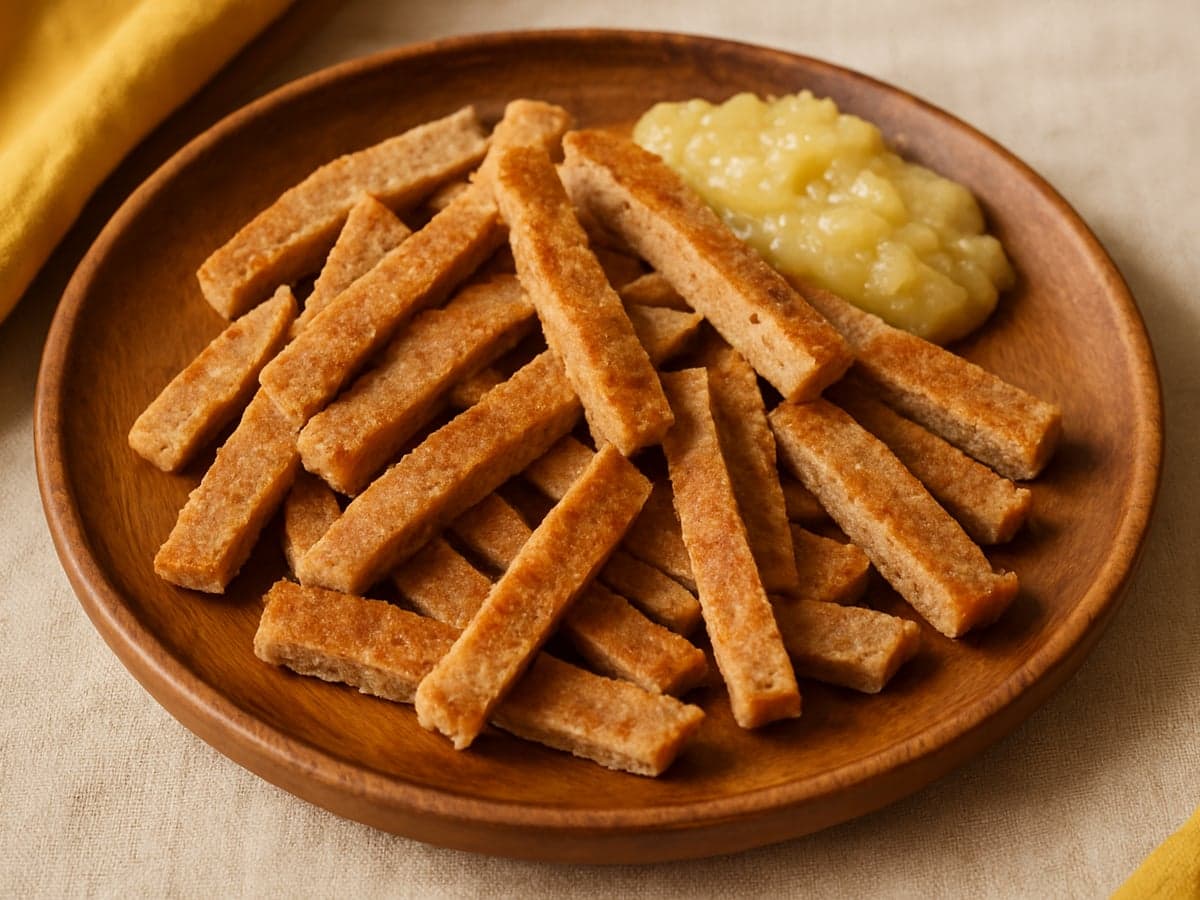 Kleine volkoren pannenkoekjes in reepjes gesneden op een bordje