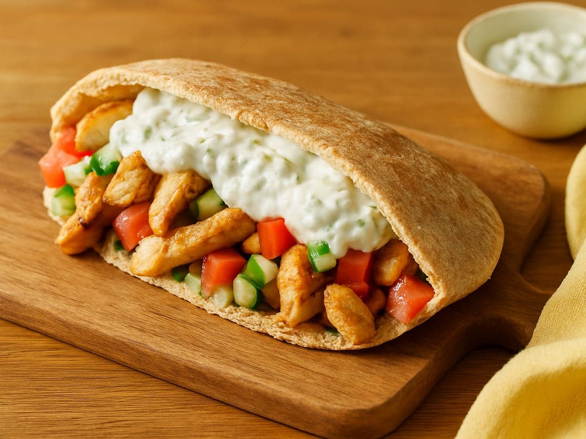 Volkoren pitabroodje gevuld met kip, groenten en tzatziki