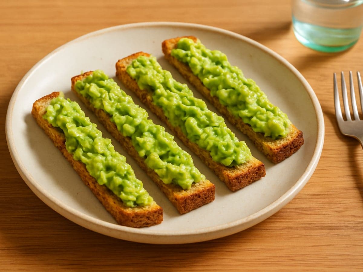 Reepjes volkoren toast met avocado op een babybordje