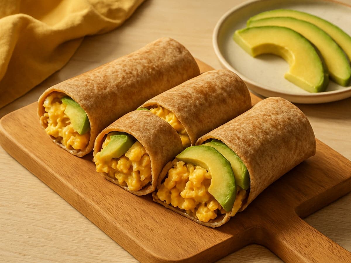 Volkoren wraps met roerei en avocado, in reepjes gesneden