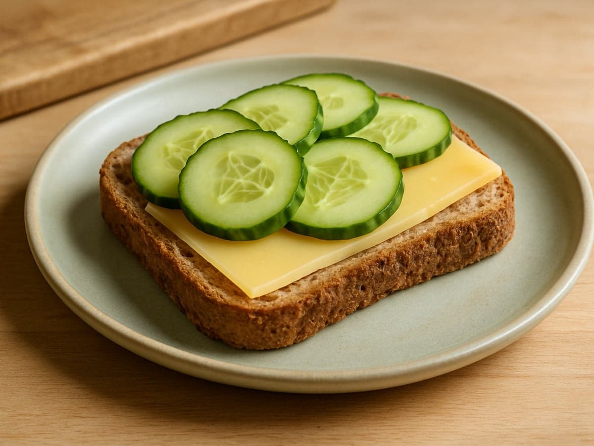 Volkoren broodje met kaas en plakjes komkommer op een snijplank
