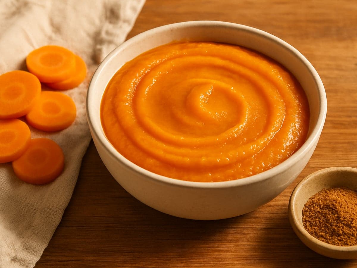 Kommetje met gladde oranje wortelpuree met komijn op een houten tafel