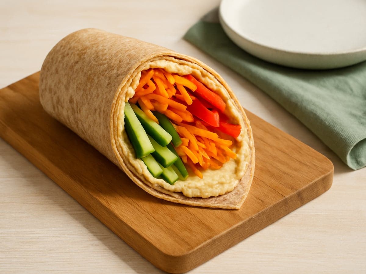 Wrap met hummus en gesneden groenten op een snijplank