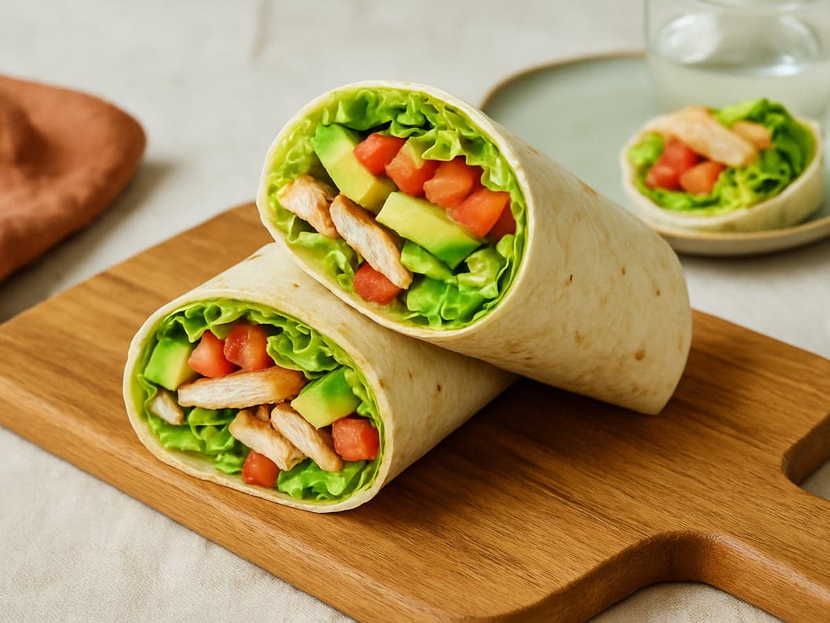 Wrap gevuld met kalkoenfilet, avocado en groenten op een snijplank