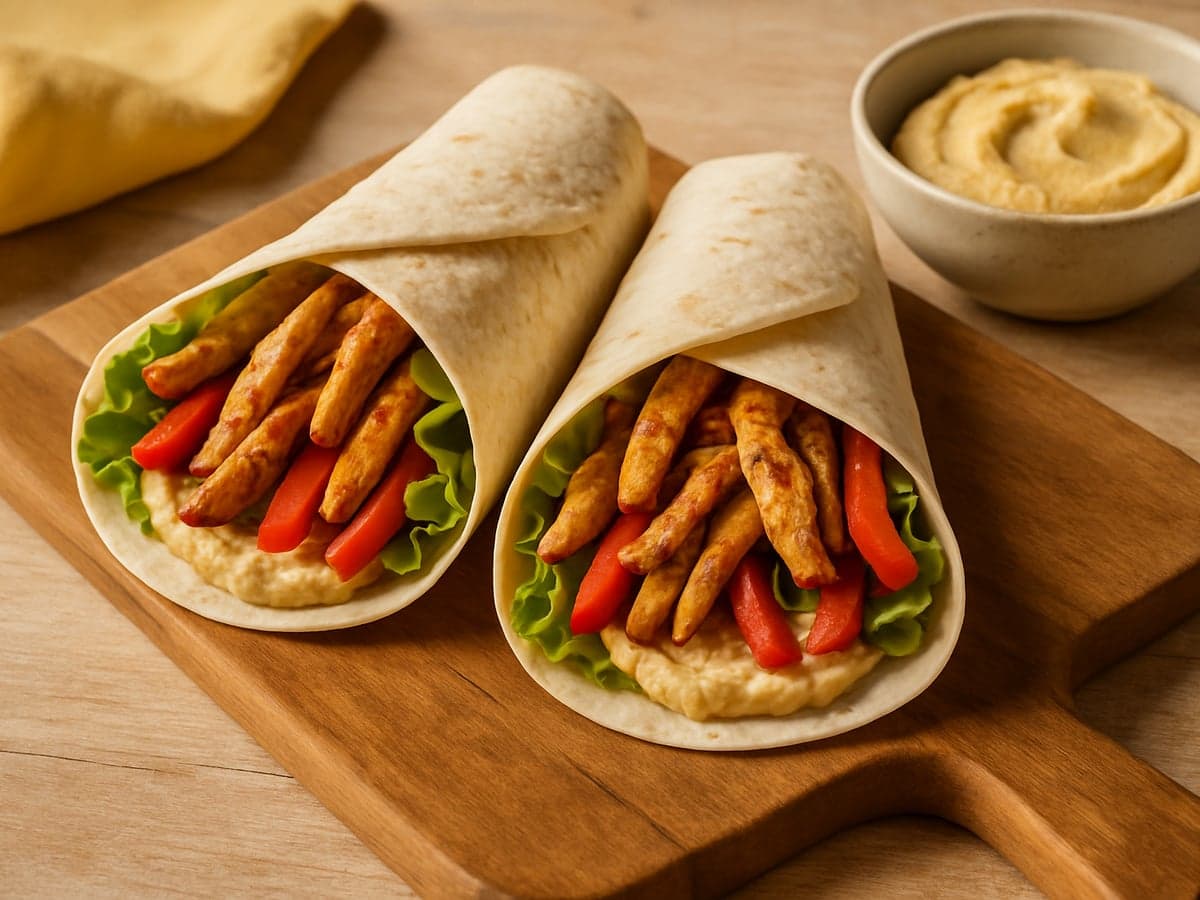 Wraps met kalkoenreepjes, hummus en paprika op een bord