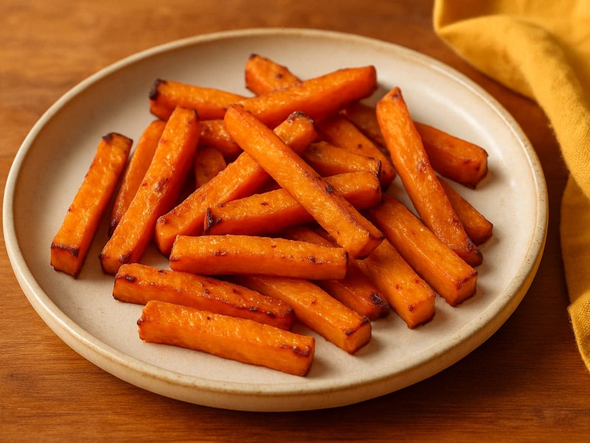 Zoete-aardappelsticks in vingerdikte repen op een bakplaat