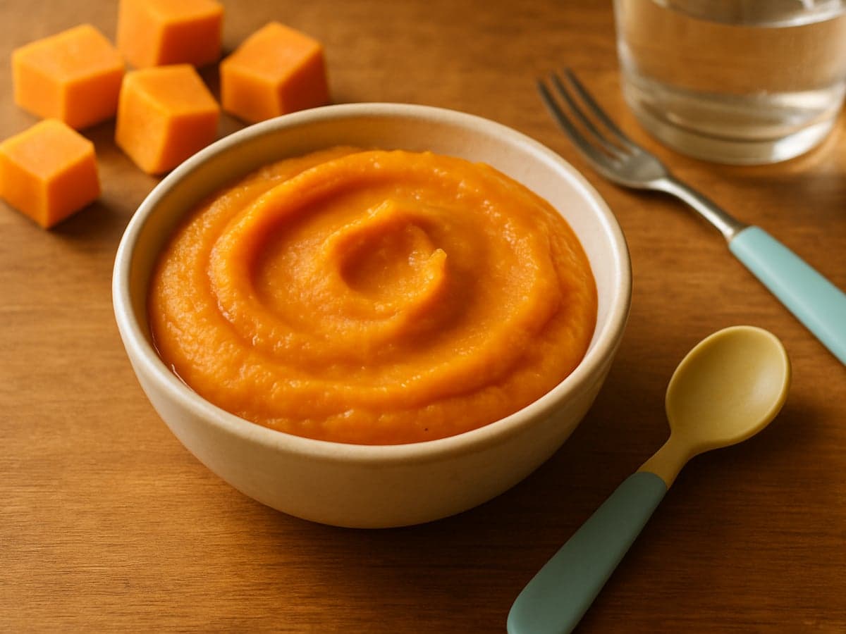 Kommetje met gladde oranje zoete-aardappelpuree op een houten tafel