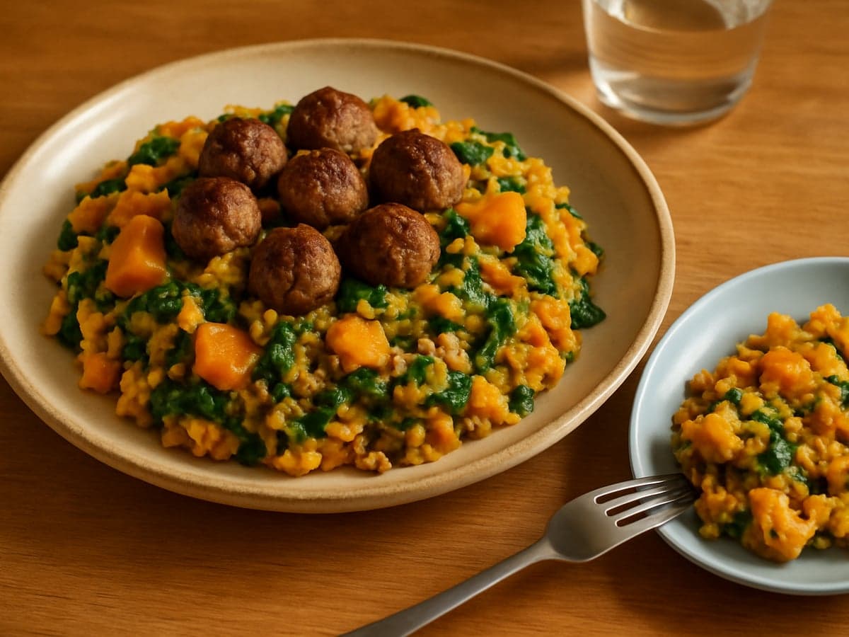 Zoete-aardappelstamppot met spinazie en gehaktballetjes op een bord